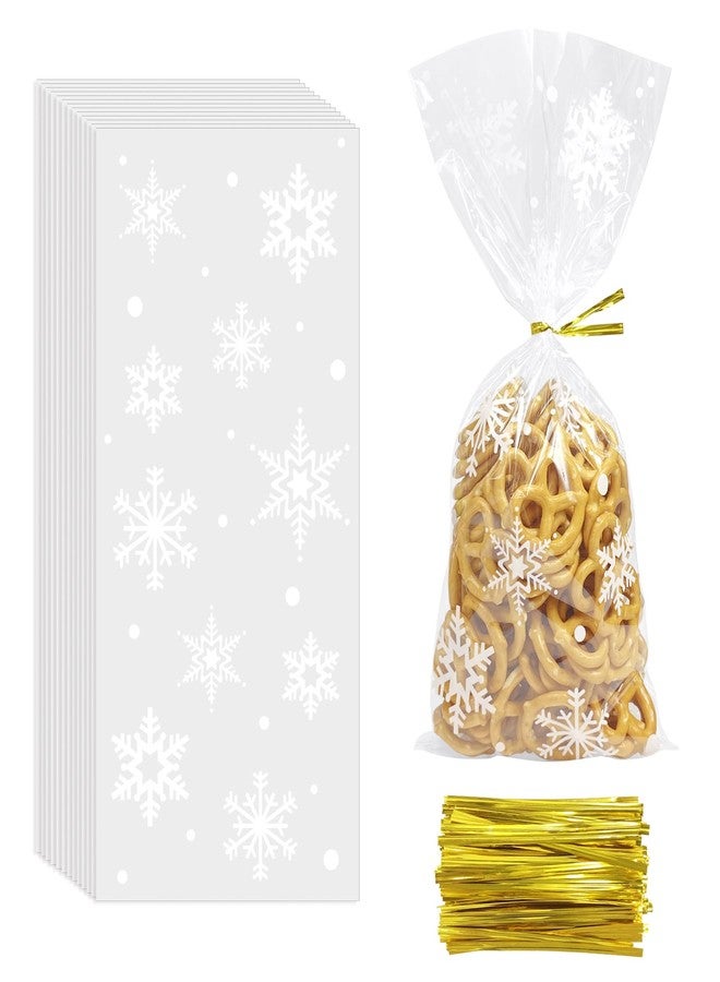 موريباك أكياس سيلوفان على شكل ندفة ثلجية، مقاس 5 × 11 بوصة، أكياس هدايا شفافة لعيد الميلاد مع أربطة ملتوية لتوزيعات الحفلات، 120 قطعة - Image 1